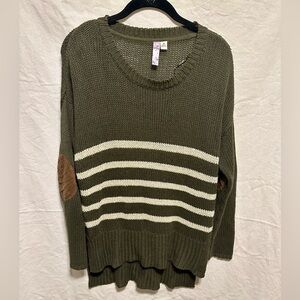 Alya Oversized Olive Striped Crewneck Sweater with Elbow Patches Size M